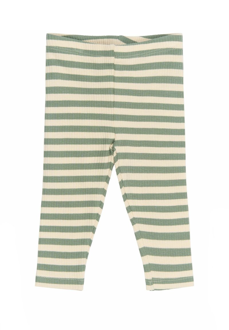 Csíkozott leggings zöld és krém színű vízszintes csíkos mintával. Rugalmas derékpánt és egyszínű szegély a kényelem és a mozgás szabadságának érdekében.