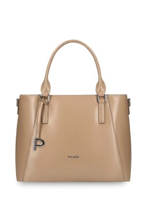 Beige leather handbag with two handles, silver "P" charm, and "Picard" logo centered on the front.