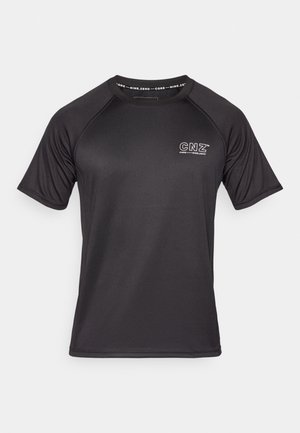Black short-sleeve athletic shirt made of smooth, stretchy fabric. Features a crew neck and a logo on the left chest area.