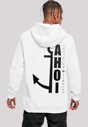 White hoodie featuring a large black graphic design with an anchor motif and text, made of soft cotton blend fabric, ribbed cuffs, and hem.