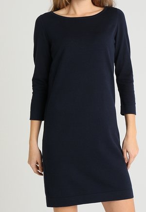 Navy blue dress with a scoop neckline, three-quarter sleeves, and a straight cut. Made of soft fabric with a smooth texture.