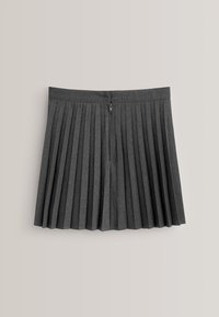 Grijze geplooide rok gemaakt van textuurstof, met een rits aan de achterkant en duidelijke verticale plooien overal.