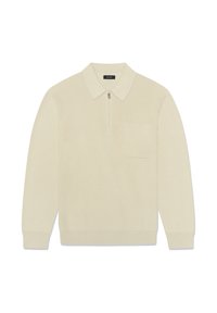 Adīts džemperis, krēms krāsā, ar rāvējslēdzēja apkakli, garām piedurknēm un priekšpusē krūšu kabatu. Raksturīga ribota faktūra un pieguļoši aproces.