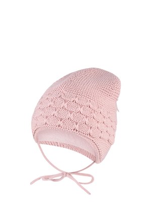 Soft pink knitted baby hat with textured pattern and ties under the chin for secure fit, shown against a white background.