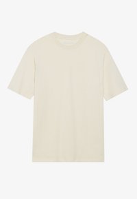 Lys beige kortermet T-skjorte, rund hals, laget av myk bomullsmiks, med en avslappet passform og minimalistisk design uten logoer.