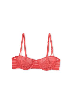 Reggiseno in pizzo corallo con un design strutturato, dotato di spalline regolabili, bordi ondulati e un motivo floreale sul tessuto.