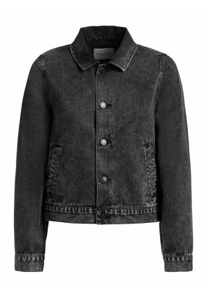 Čierna rifľová bunda s zapínaním na gombíky, golierom, dlhými rukávmi a bočnými vreckami s rázporkami.