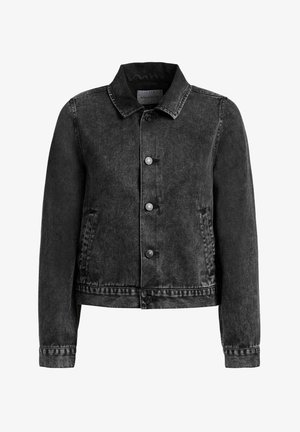 Schwarze Jeansjacke mit Knopfleiste, Kragen, langen Ärmeln und seitlichen Schlitztaschen.