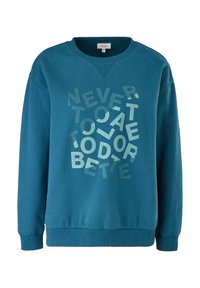 Felpa color teal con scollatura a girocollo, caratterizzata da testo sparso in diversi caratteri e tonalità. Realizzata in tessuto morbido, con polsini e orlo a costine.