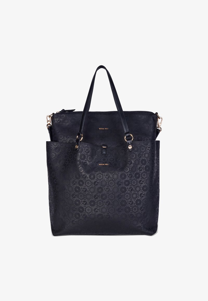 Sort tote bag med subtilt geometrisk mønster, to håndtag, lynlåslukning og hardware i gyldent tone på hvid baggrund.