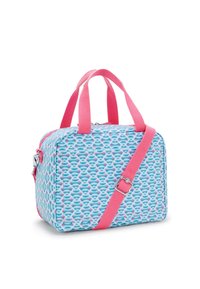 Borsa blu a motivo con cinturini rosa, forma rettangolare, chiusura con zip e materiale testurizzato. Include cinturino regolabile per la spalla e dettagli in metallo.