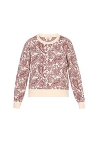 Maglione chiaro in crema con motivo paisley bordeaux, scollatura rotonda e bordi a coste per un finish testurizzato.