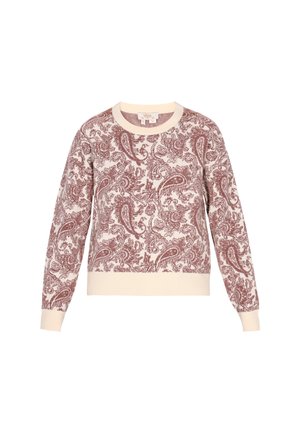 Jasna kremowa sweterka z bordowym wzorem paisley, okrągłym dekoltem oraz prążkowanymi mankietami i dolnym wykończeniem dla teksturowanego efektu.