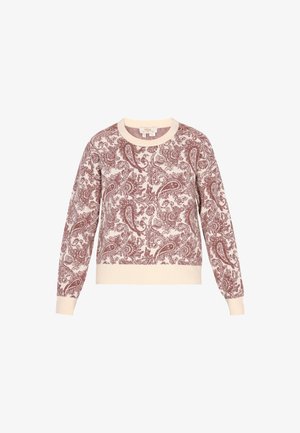 Hele kreemjas kampsun, millel on tumepunane paisleimuster, ümar kaelus ning soonikust mansetid ja hem, et saavutada tekstureeritud viimistlus.