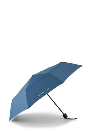 Blue umbrella with a sturdy frame, featuring a smooth fabric canopy and a rubberized grip. Accented with a logo on one panel.