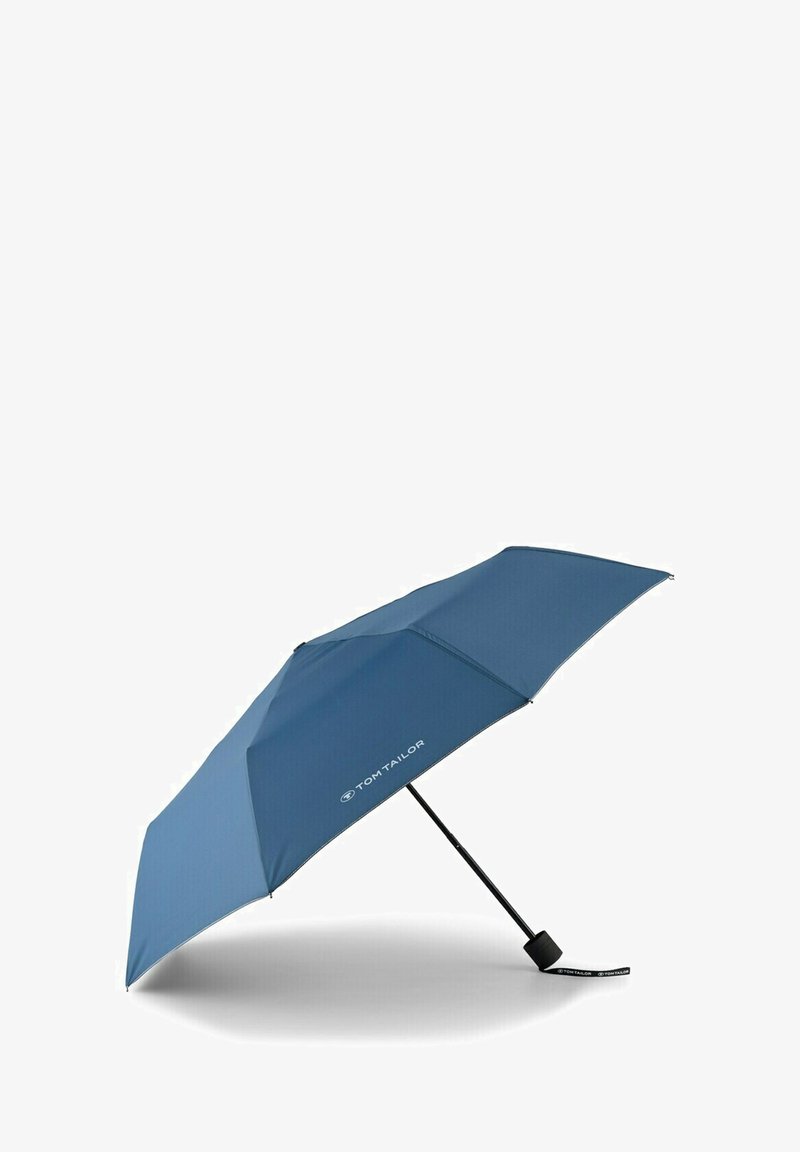 Blauwe parasol met een stevig frame, met een gladde stoffen kap en een rubberen handvat. Geaccentueerd met een logo op één paneel.