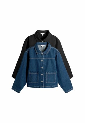 Denim and black jackets, featuring a collared neckline, front buttons, and dual patch pockets, with a relaxed fit and contrasting colors.