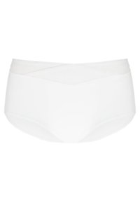 Weißer, nahtloser, hochgeschnittener Slip mit gefaltetem Bund und glatter Oberfläche.