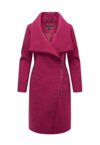 Fuksia villasekoitekot med bred krage, framzipper och långa ärmar. Har sidofickor och en skräddarsydd silhuett.