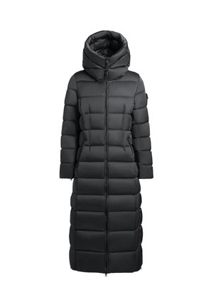 Zwarte dikke jas met een hoge kraag en capuchon. Beschikt over een volledige ritssluiting en verticale gestikte panelen. Lange mouwen en lengte tot halverwege de kuit.