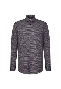 Camicia a maniche lunghe con un piccolo motivo circolare in bianco e nero, dotata di colletto classico e taschino sul petto.