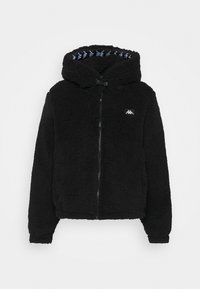 Felpa nera con zip, dotata di cappuccio, tessuto strutturato e logo Kappa sul lato sinistro del petto. L'interno è foderato con un motivo.