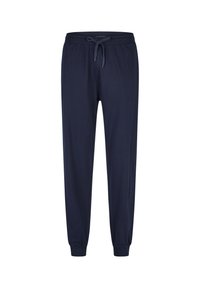 Marineblaue Jogginghosen aus weichem Stoff, mit Kordelzug in der Taille, zulaufenden Beinen und elastischen Bündchen an den Knöcheln.