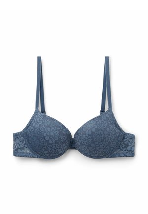 Blue lace padded bra with floral pattern, adjustable straps, and a textured finish. Features a seamless design for comfort and support.