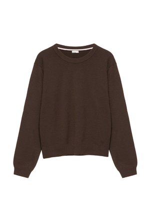 Pull marron à manches longues avec col rond, poignets et bas côtelés, posé à plat sur fond blanc.