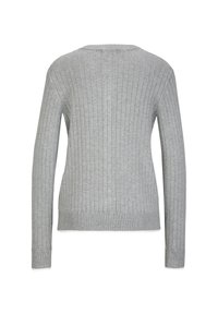 Grauer, gerippter Strickpullover mit langen Ärmeln und Rundhalsausschnitt, mit einem Saum, der auf der Taille sitzt, und gerippten Manschetten.