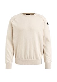 Lichtbeige sweatshirts met ronde hals van zachte stof, voorzien van geribde manchetten en zoom, en een klein zwart label op de linkerschouder.