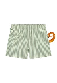 Pantaloni boxer di colore verde chiaro e con strisce bianche, dotati di una cintura elastica. Un accento a forma di pretzel è visibile sul retro.