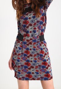 Jurk met bloemenpatroon in rood, blauw en zwart. Getailleerd ontwerp met een gestructureerde stof en een zwarte tailleband. Korte mouwen.
