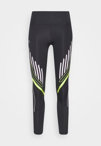 Svarta träningsleggar med neon gröna och vita grafiska mönster. Tillverkade av elastiskt material, med hög midja och kroppsnära passform.