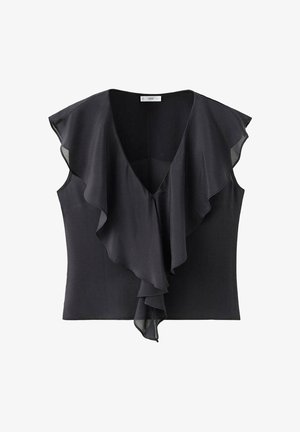 Blouse noire sans manches avec un profond décolleté en V et des volants superposés sur le devant et les épaules.