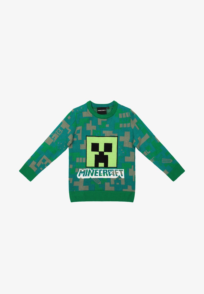 Green Minecraft sweater with long sleeves, featuring a pixelated Creeper face and geometric patterns in shades of green and gray.