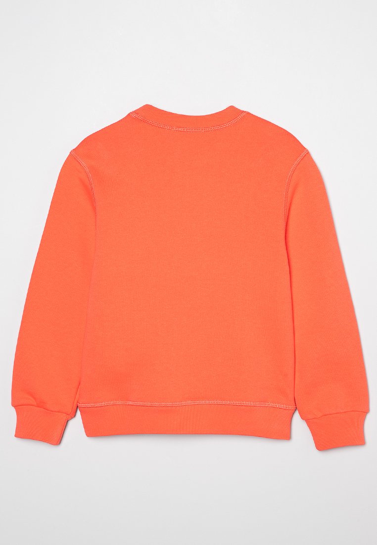 Felpa arancione con maniche lunghe, collo a giro, polsini e orlo a costine. Realizzata in tessuto morbido con dettagli di cucitura visibili.