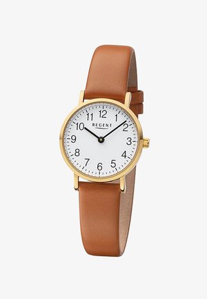 Runde goldfarbene Uhr mit einem weißen Zifferblatt, schwarzen Stundenmarkierungen und braunem Lederarmband. Verfügt über ein einfaches Design mit einer kleinen Krone.