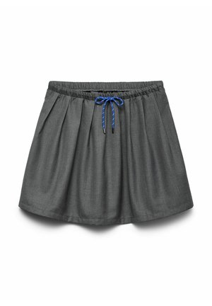 Szara spódnica plisowana z elastycznym pasem, z niebieskim sznurkiem. Gładka tekstura, o luźnym kroju, sięgająca do połowy uda.
