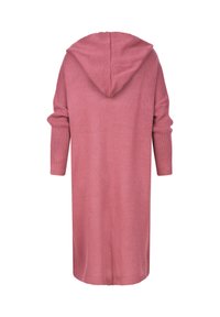 Lang, hette cardigan i myk rosa strikk. Har brede ermer og ribbestruktur. Slutter rett over knærne for en avslappet passform.