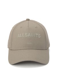 Gorra de algodón beige con visera curva y bordado "ALLSAINTS" y "LONDRES" en hilo a juego. Diseño de seis paneles con orificios de ventilación.