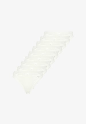 Set di biancheria intima bikini in cotone bianco con un delicato bordo in pizzo sulla fascia in vita. Design semplice con colore e texture uniformi in tutti i pezzi.