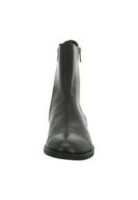 Schwarze Lederstiefelette mit glatter Oberfläche, runder Zehenpartie und seitlichem Reißverschluss. Verfügt über minimale Nähte und eine flache Gummisohle.