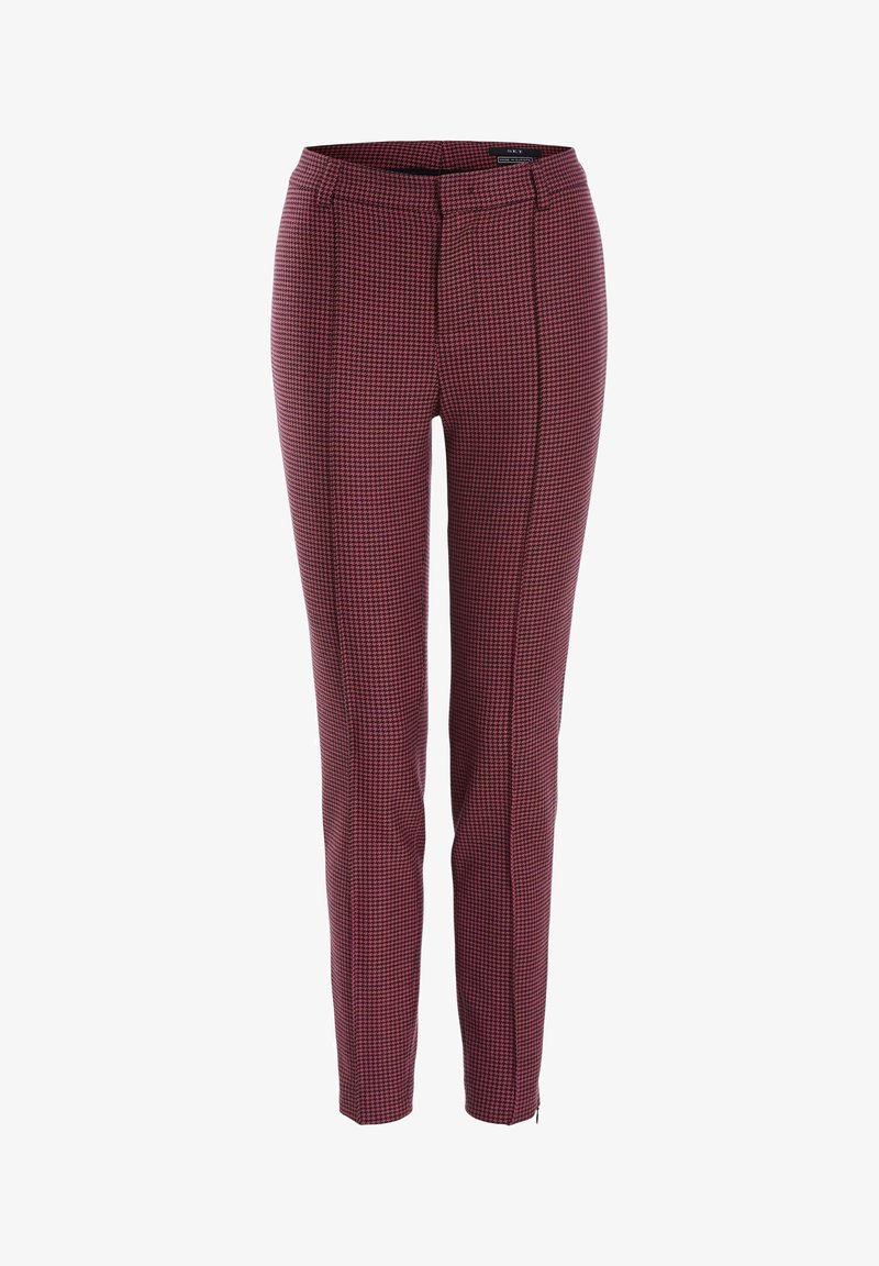 Pantalon slim pour femme avec motif pied-de-poule bordeaux et noir, détail couture avant, et coupe à la cheville.