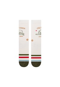White socks featuring a green bear graphic and red star, with "CALIFORNIA" and "EST. 1850" embroidered. Striped accents in green, red, and blue.