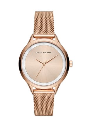 Roségoldene Armani Exchange Armbanduhr mit Mesh-Armband, minimalistischem Zifferblatt ohne Zahlen und drei Zeigern zur Zeitanzeige.