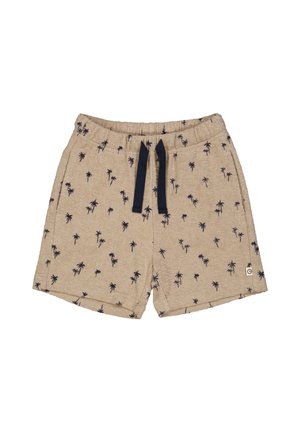 Shorts beige en tissu texturé, ornés d'un motif de petits palmiers marins navy. Équipés d'une taille élastique et d'un cordon de serrage.