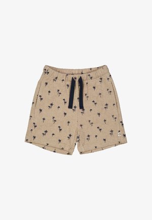 Beige Shorts aus strukturiertem Stoff mit einem Muster aus kleinen marineblauen Palmen. Ausgestattet mit einem elastischen Bund und Kordelzug.