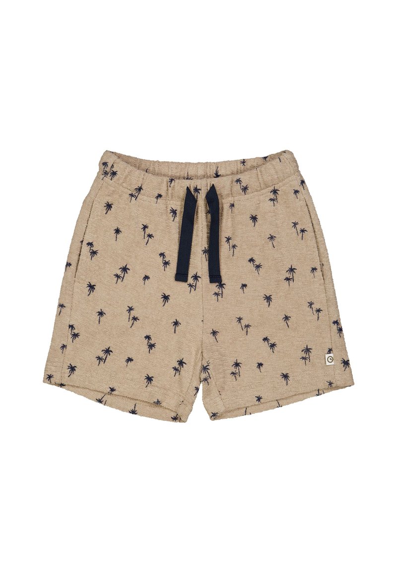 Beige šortky s texturovanou látkou, zdobené vzorem malých námořnických palem. Mají elastický pas a stahovací šňůrku.