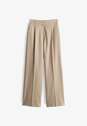 Beige weite Hosen aus strukturiertem Stoff, mit einem Knopfverschluss, Fronttaschen und präzisen Falten für einen maßgeschneiderten Look.